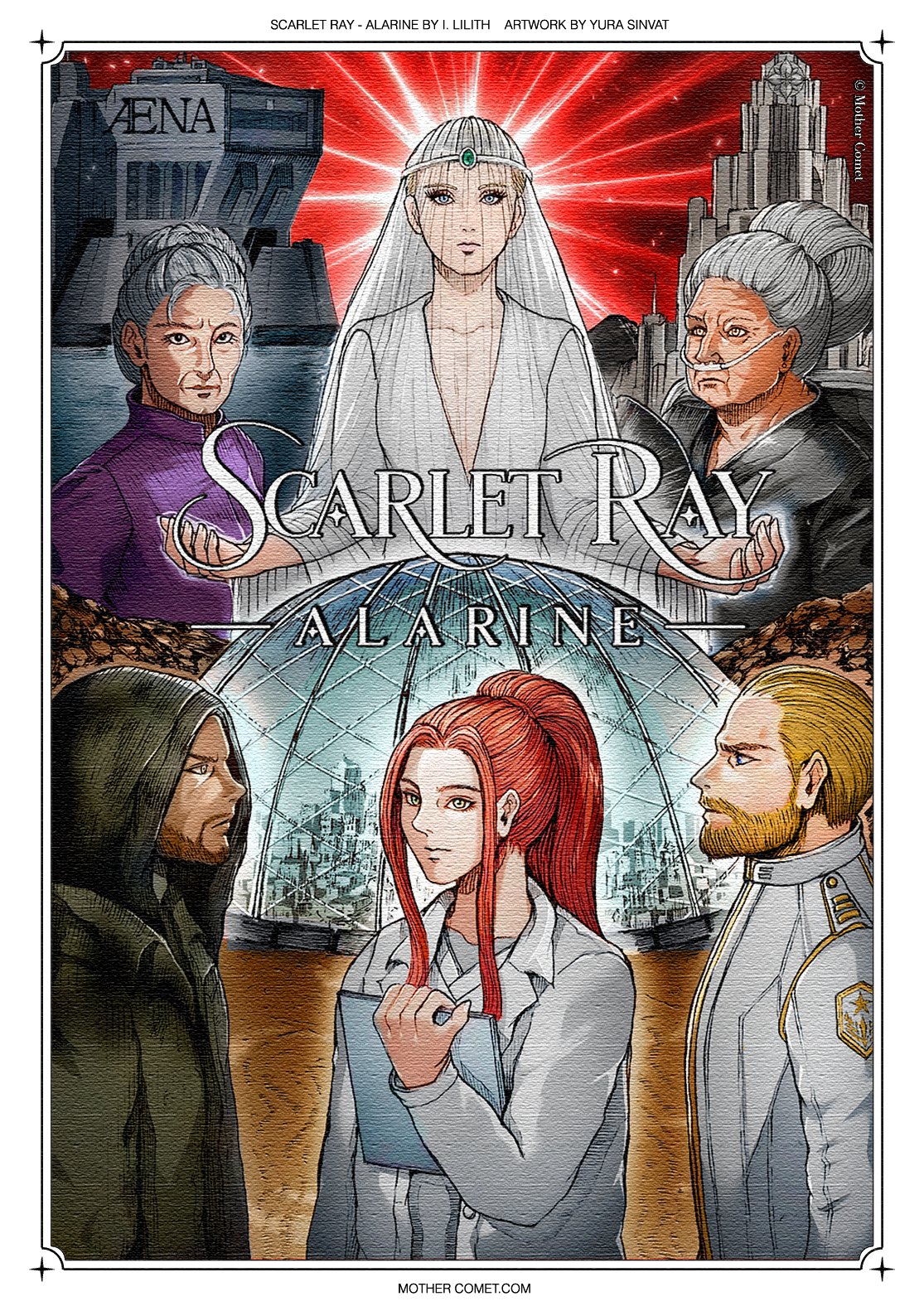 Scarlet Ray — Alarine: illustrated plate by Yura Sinvat showing the people of Alarine gathered before the glass dome, beneath a scarlet sky